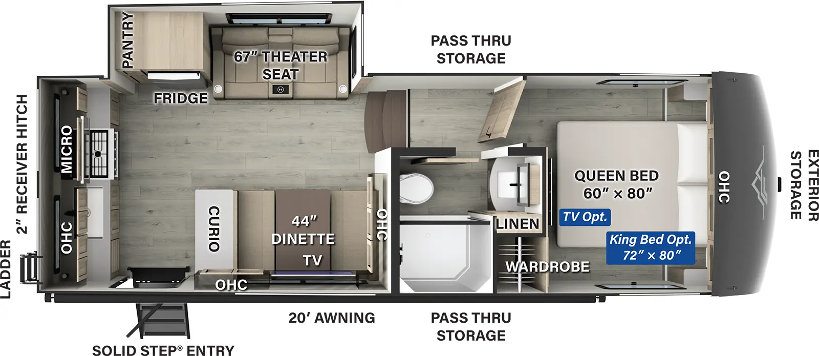 The Flagstaff Classic Fifth Wheels F282RK has one entry and one slide out. Exterior features include: fiberglass exterior and 20' awning. Interiors features include: rear kitchen and front bedroom.